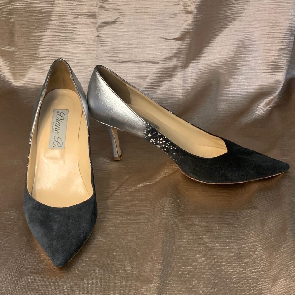 Diane B. Milano black suede and silver-accented pointed-toe pumps Size 7.5